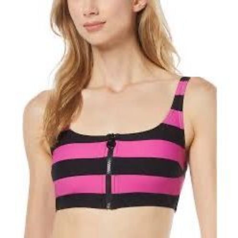 NWT MICHAEL Michael Kors Women's Striped Zip-Front Bikini Swim Top.  Size M